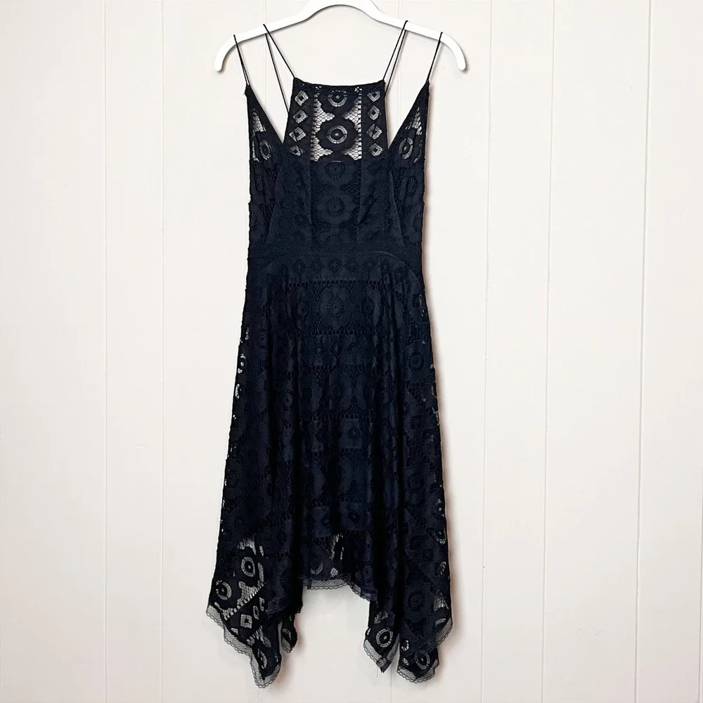 Free People Just Like Honey Black Lace Dress 2 Handkerchief Hem Open Back Midi